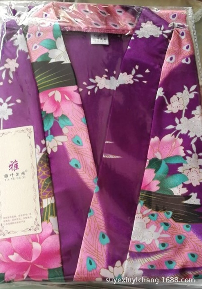 Women Sexy Long Nightgown Summer Kimono Robe Thin Peacock Print Bathrobe Imitation Silk Kimono Nightgown 241204