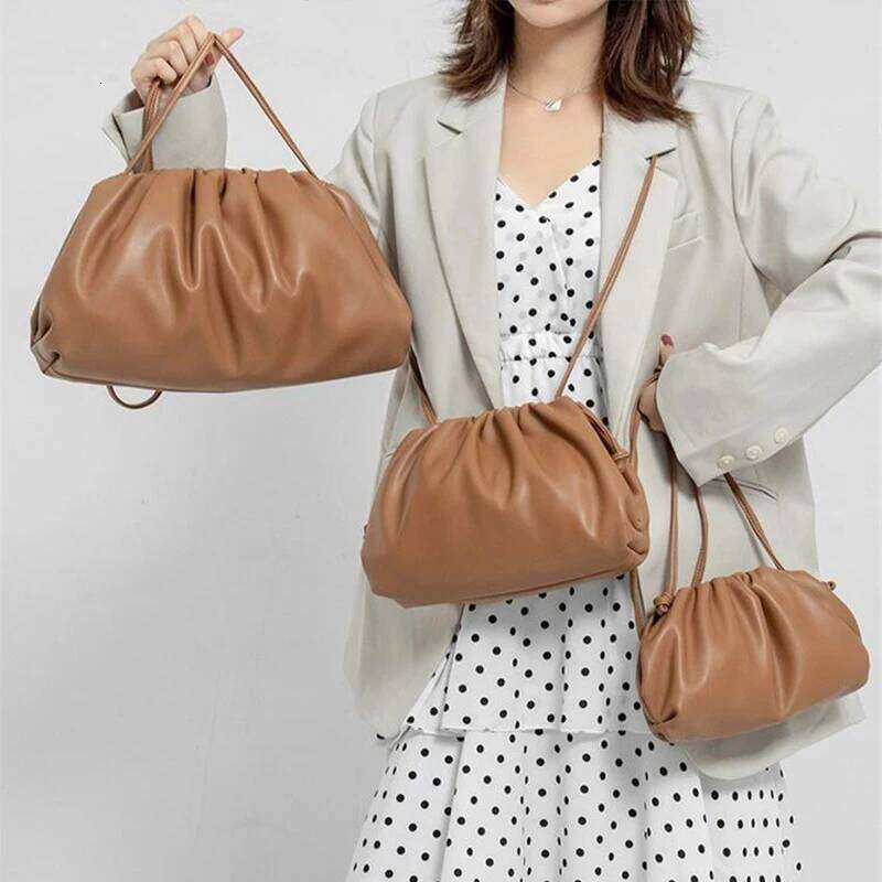 Brand Pleated Cloud Genuine Leather Exquisite Clutch Women Drawstring Fashion Elegant High Quality Shoulder Bag
