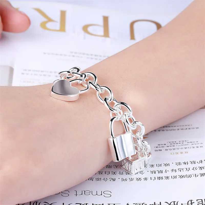 Charm 925 Sterling Silver 8 Inches Round Heart Lock Bracelet For Women Fashion Party Wedding Jewelry Gift Wholesale New W250606