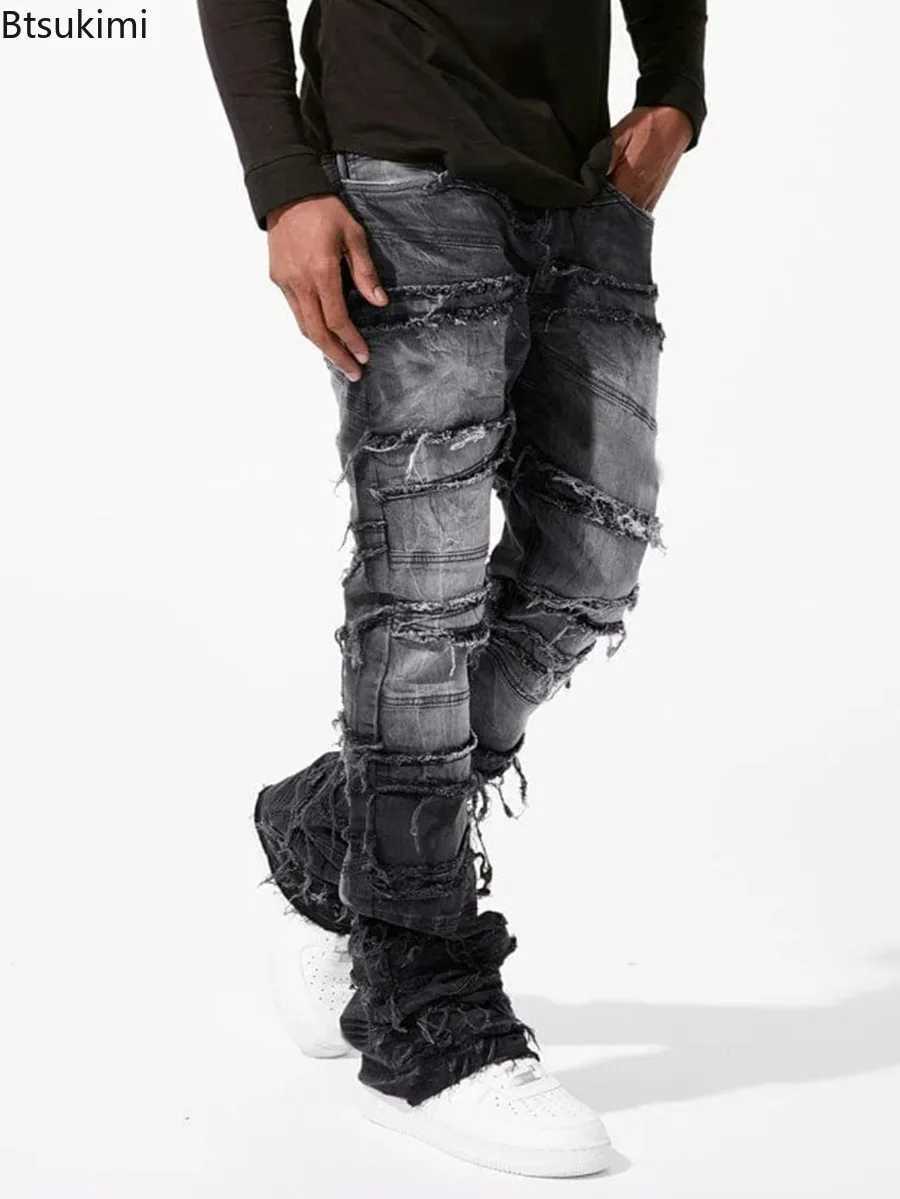 New Mens Patchwork Denim Pants Stacked Jeans Ripped Washed Frayed Pants Vintage Strt Style Slim Fit Straight Trousers for MenC250606