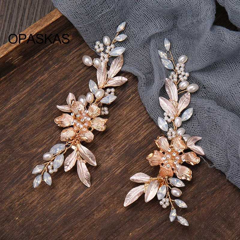 1 Pair Golden Hair Clips Wedding Accessories For Women Rhinestone Pearl Flower Hairpins Beaded Fairy Alloy Handmade Hair Jewelry Z250605