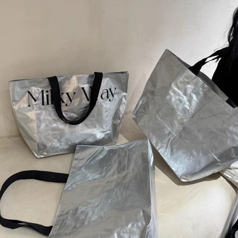 Silver Colour Woven Shopping Bag Large Size Shoulder Bag Reusable Waterproof Portable Handbag For Travel Grocery Clothes 250530