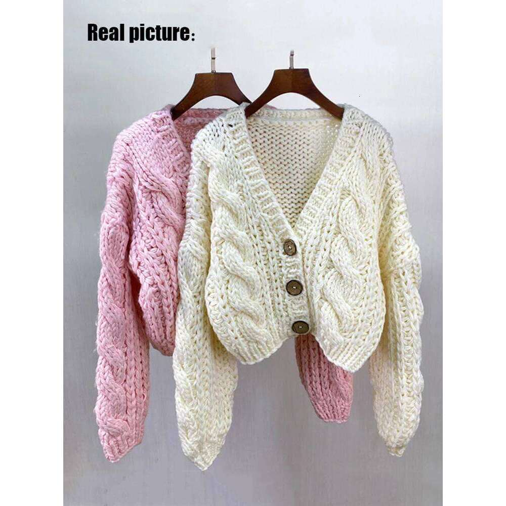 Handmade Chunky Knit Tops Women 2025 Fashion Cropped Knitted Cardigan Sweater Vintage Long Sleeve Female Outwear Chic C-159