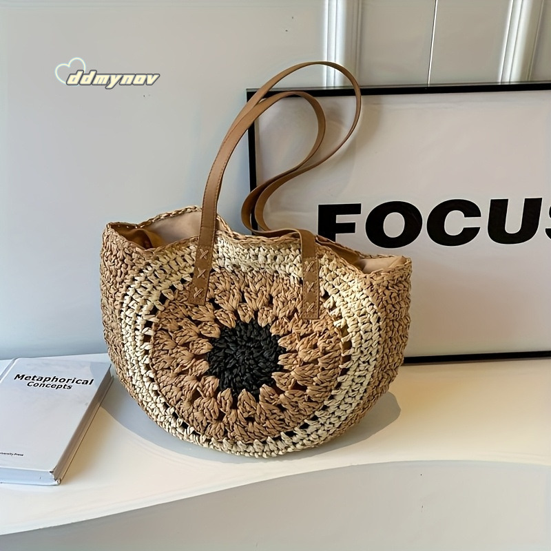 Hollow Out Round New Versatile Shoulder Straw for Women Handwoven Large Capacity Tote Beach Bag ddmynov