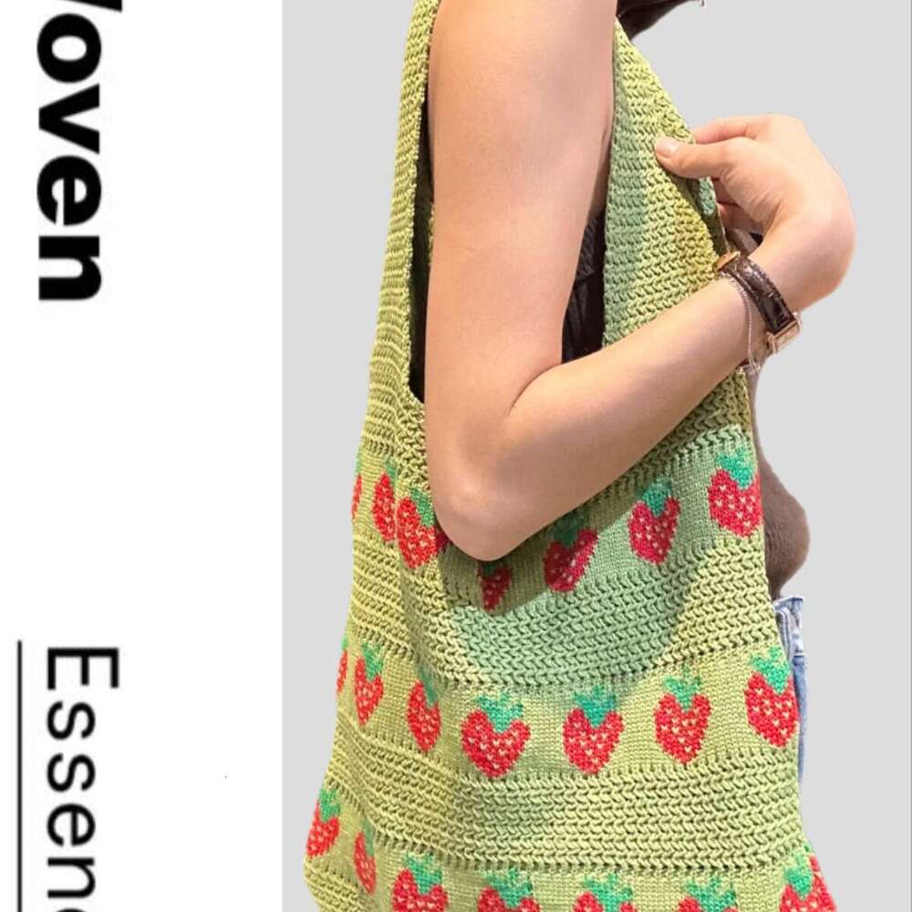 Tote Strawberry Pattern Woven Knitted Crochet Bag Durable Large Capacity Ladies Handbag B5