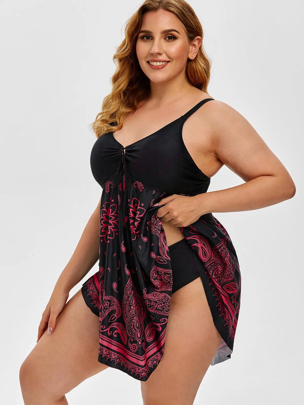 ROL Plus Size Womens Curve Paisley Handkerchief Padded Modest Tankini Swimsuit 250603