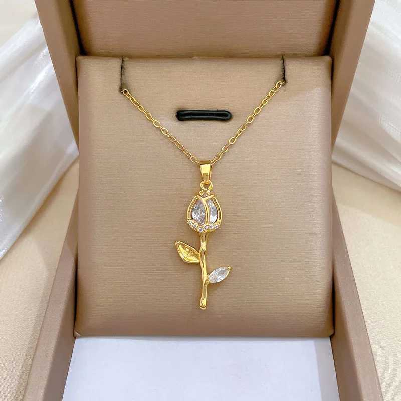 DIEYURO 316L Stainless Steel Fashion Pink White Crystal Rose Blossoms Pendant Necklace For Women New Clavicle Chain Jewelry Gift Y250605