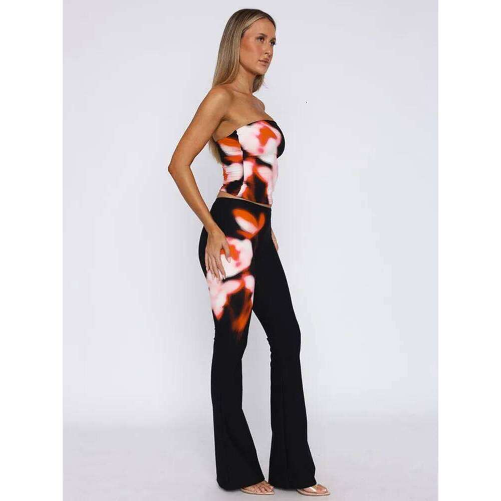 Mozision Print Long Pants Sets Women Off-shoulder Strapless Crop Top And Trouser Female Matching Elegant Flare Pant Set