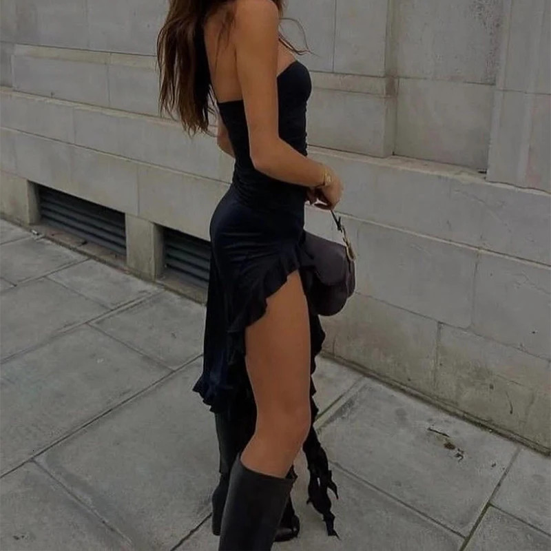 Summer Maxi Womens Dress Vintage Elegant black Fashion Sleeveless Slim Backless Irregular Tassel Party Dresses Street Robe 250605