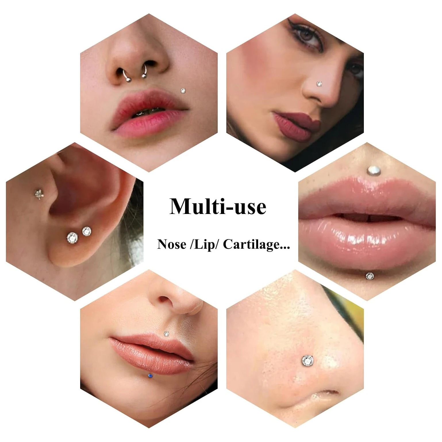 5Pcs Stainless Steel Earring Nose Stud Cartilage Helix Tragus Lip Piercing Jewelry for Women Push In Labret CZ Flat Back 18G 20G 250605