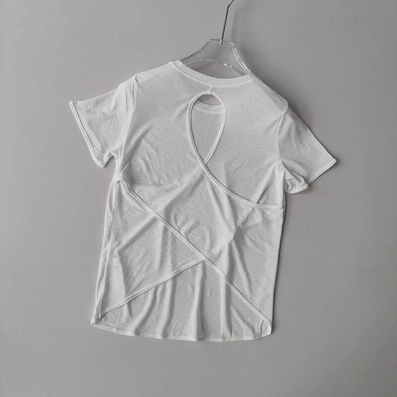 Yoga Clothes Women's Blouse Short-sleeved Hollow Cross Thin Mesh Beautiful Back Outside Shirts Slim Fiess Sports Top Clothing