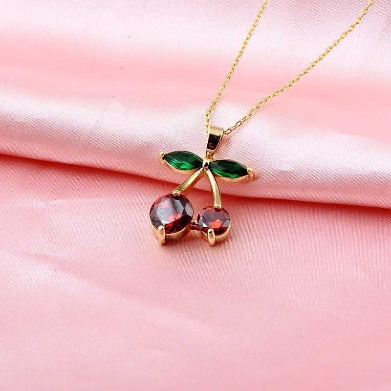 Fashion Korean style red cherry pendant micro-set zircon cute fruit necklace temperament cherry personality clavicle chain gift Y250605