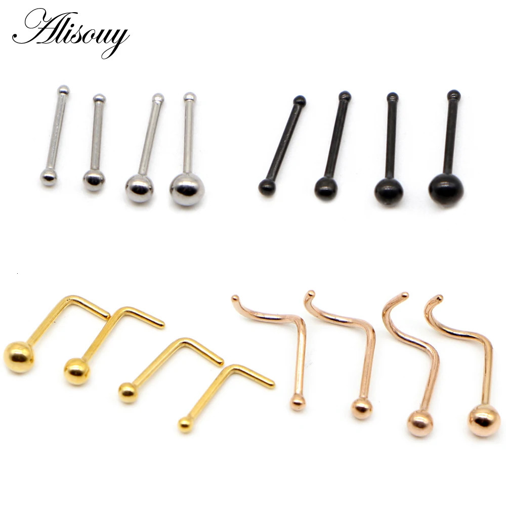 Alisouy 4PCS Stainless Steel Ball Nose Screw Ring L Rose Gold Color Nose Stud Retainer Holder Piercing Body Jewelry 20g 250605