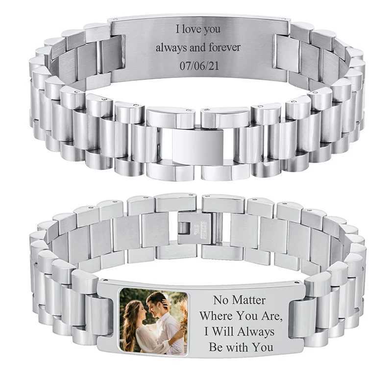 Custom Picture Text Bracelet Watch Band Stainless Steel Link Bracelet Custom Engraving Photo/Text/Name Bracelet Jewelry for Men W250606