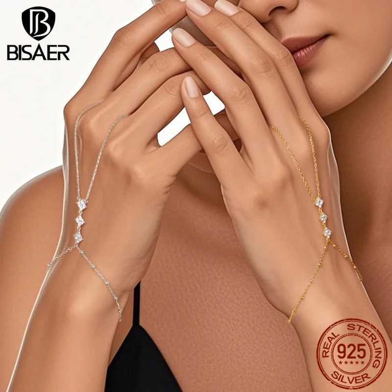 BISAER 925 Sterling Silver Finger Ring Bracelet Hand Chain Trendy Thin Dainty Stackable Chain Plated Gold for Women Fine Jewelry W250606