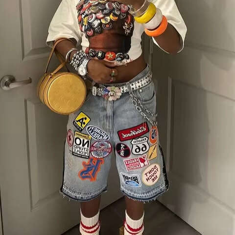American Style Denim Y2K Harajuku Hip Hop Cartoon Embroidery Loose Sports Shorts
