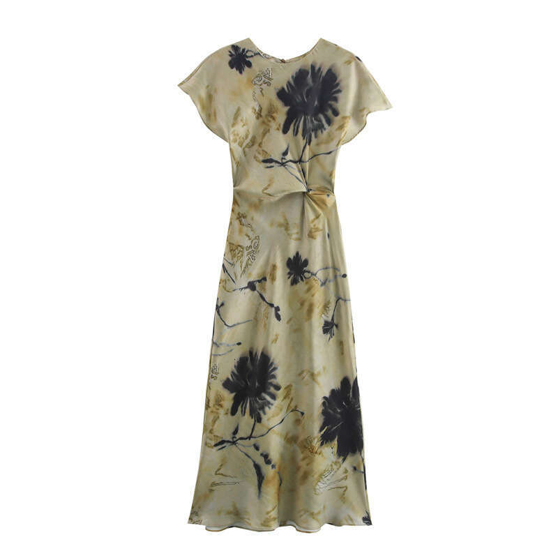 Women's Spring New Elegant Style Silk Satin Texture Waist-Cinching Printed Midi Dress B5