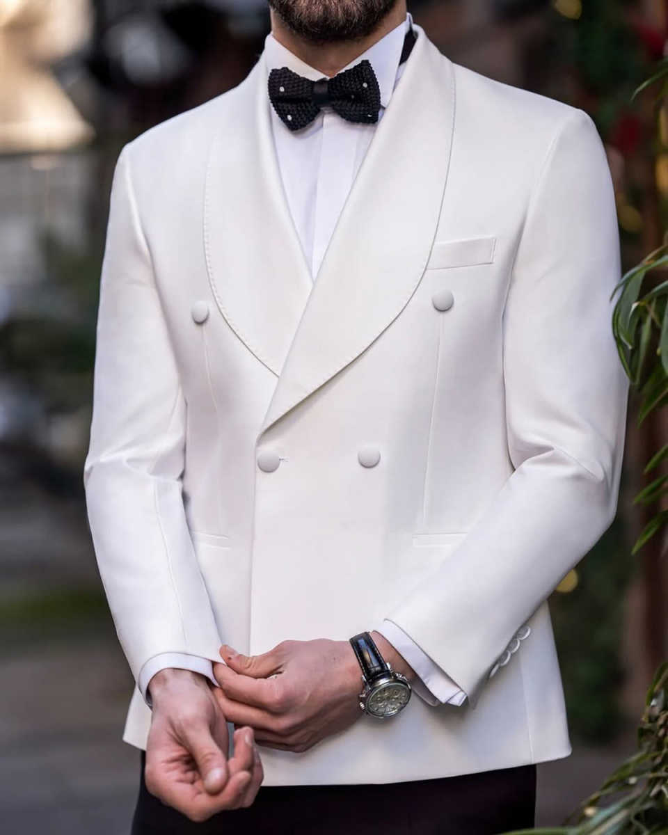 Elegant Wedding Tuxedos 2 Piece Set White Jacket Black Pants Men Suit Shawl Lapel Customized Groom Wear Party Suits