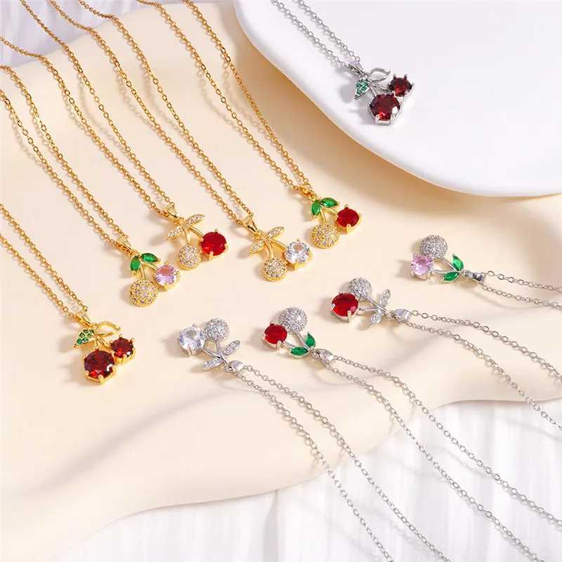 Light Luxury Cherry Zircon Pendant Necklace Stainless Steel Chains Fashion Choker Jewelry Birthday Gifts For Women Girls Y250605
