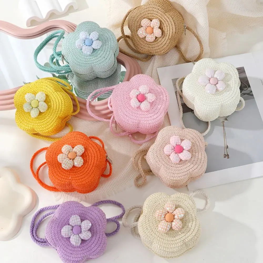 Childrens Straw Small Shoulder Bag Woven Cute Flower Baby Girls Purse Handbag Mini Round Hand Made Beach Crossbody Bag 250605