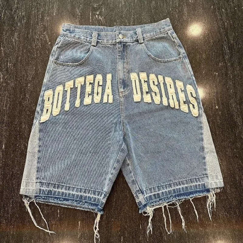 American Street Style Letter Embroidery Y2K Casual Embroidered Bone Denim Shorts for Men and Women