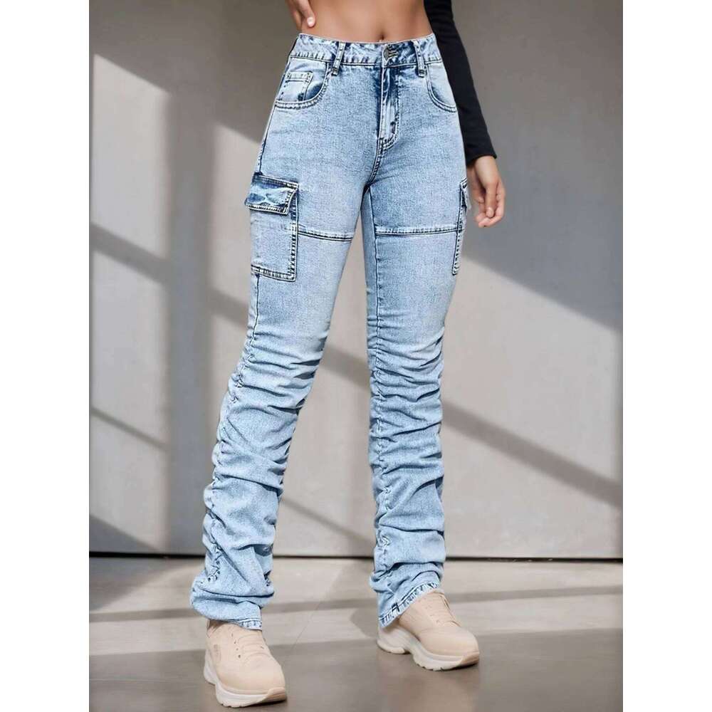 2025 New Women's High Waisted Elastic Multi Pocket Workwear Jeans, Street Fashion Casual Slim Fit Stacking Pants, Comfortable Fi
