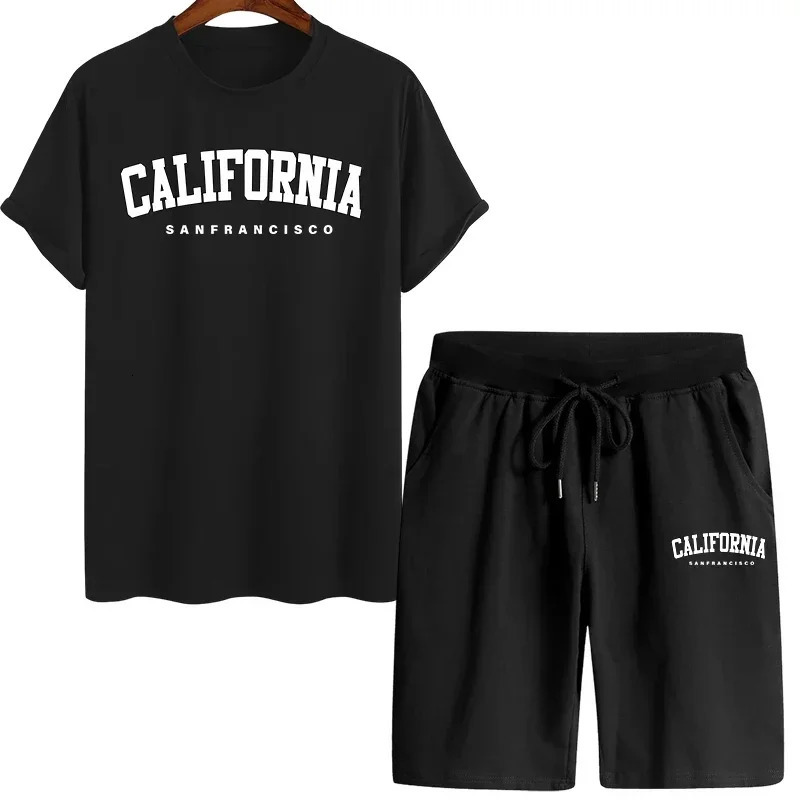 California Fashion T-shirt Shorts 2pcs Set Mens Summer Casual Sports Outfits Urban Fashion Tracksuit O-neck Tees Walking Shorts 250605