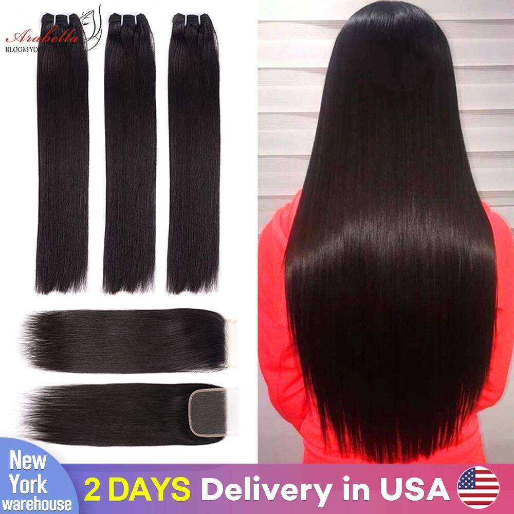 Super Double Drawn 4x4 Transparent Lace Straight Arabella Virgin Hair Weave Bundles With Closure
