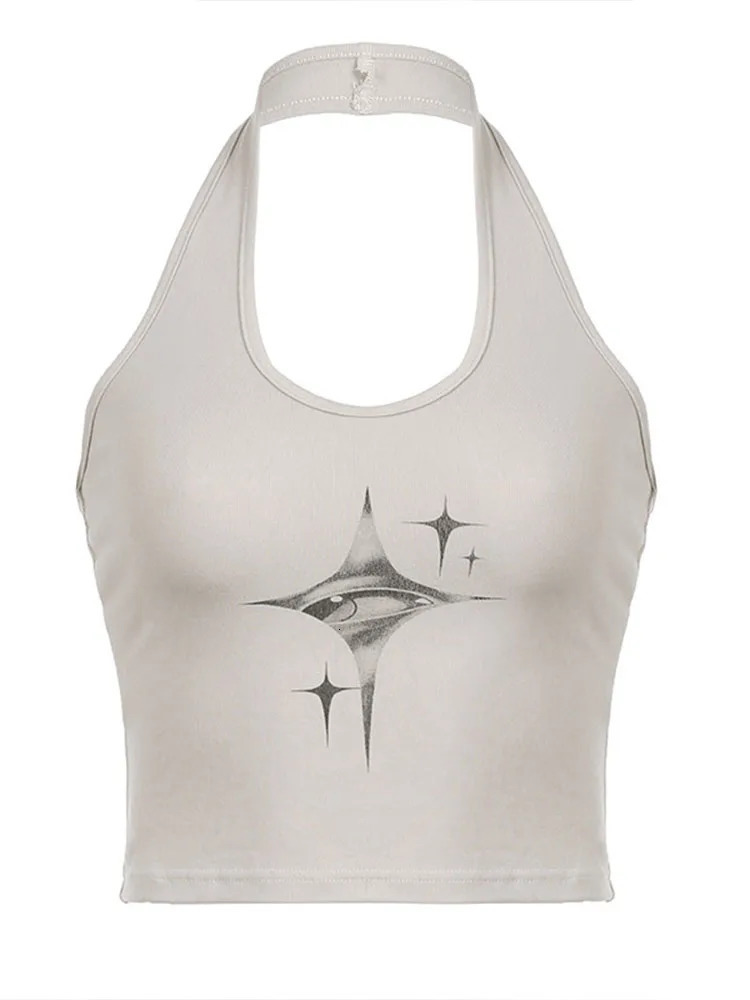 Top Women Y2k Devils Eyes Retro Print Hanging Neck Suspender Vest Womens Summer Korean Fashion Slim And Slimming Short 250527