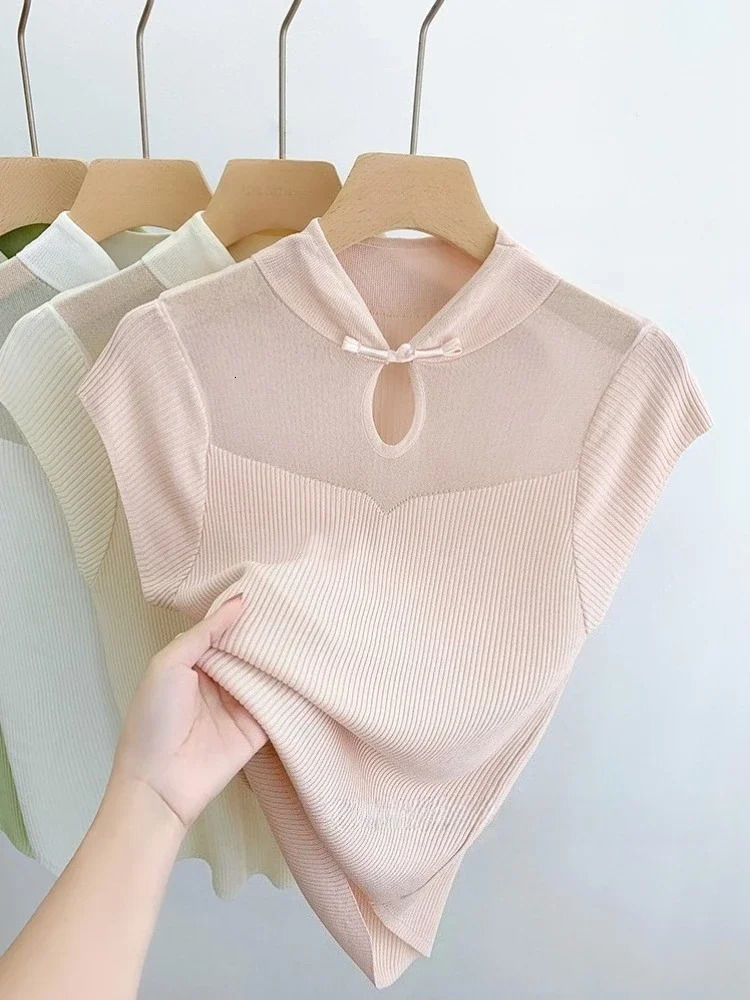 Basic Lace Mesh Solid Thin Summer Pullover Women Female Knitted Ribbed Sweater Slim Short Sleeve Bodycon 2025 250530