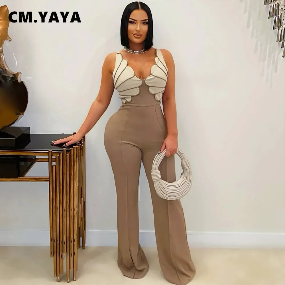 CM.YAYA Women V-Neck Backless Wide Leg Straight Sleeveless Jumpsuits 2025 Spring Patchwork Sexy One Piece Set Streetwear Outfits 250605