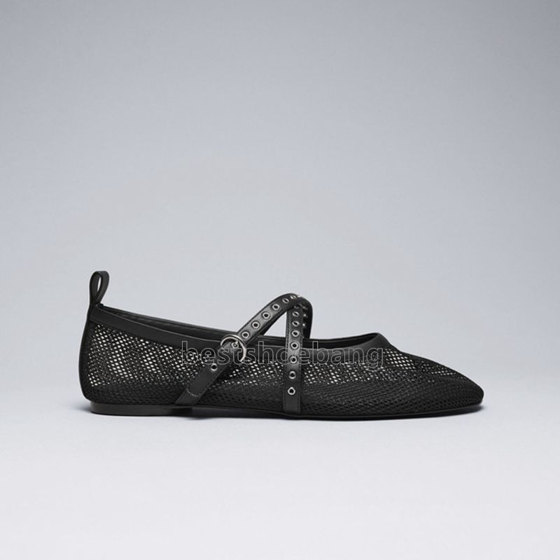 Mesh Leather Designer Flat Shoes Women Hollow Ballet Flats Comfort Soft Soled Dance Shoe Summer Casual Mary Jane Sandals Loafers Fashion Classics Blac