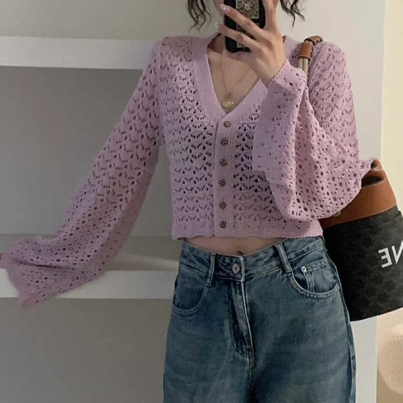 2025 Chic Korean Fashion Short Cardigans Knitted Poncho Women Summer Elegant Vintage Minimalist Lady Tops 250530