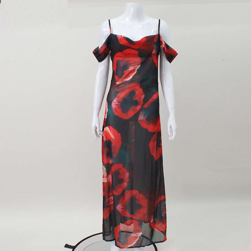 Women's Printed Strap Low-Cut Ice Silk Slightly Sheer Flowing Casual Vacation Long Dress B5
