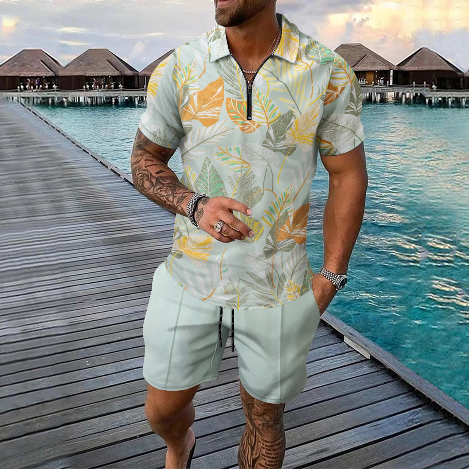 Fashion Zip Polo Shirts Mens Set Hawaiian Beach Vacation Short Sleeve Polo Shirt Shorts 2 Piece Outfit Street Casual Loose Suit 250605