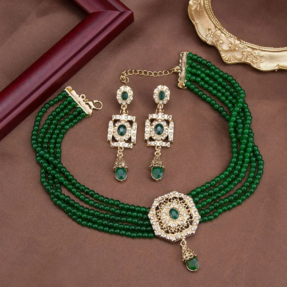 Sunspicems Algeria Beads Choker Necklace String Neck Chain Square Earring For Women Morocco Caftan Jewelry Arabic Bridal Bijoux 250530