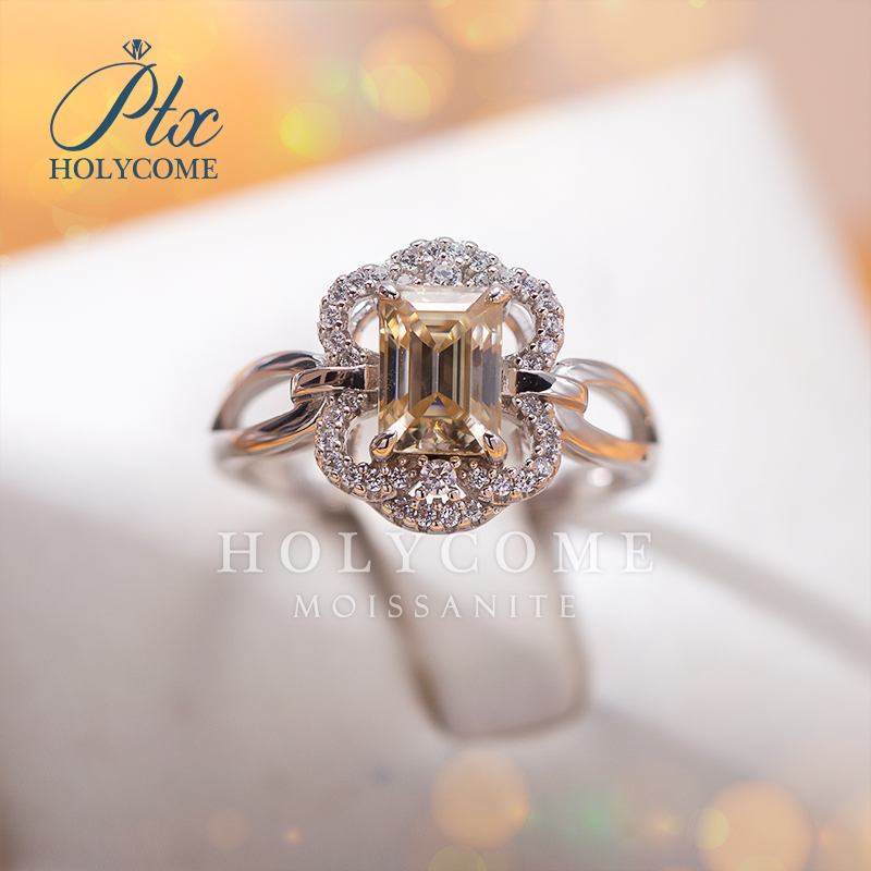 Wholesale High Quality Women Bulk Fashion Flower S925 Silver Champagne 5x7mm 1ct Luxury Emerald Cut Diamond Moissanite Ring