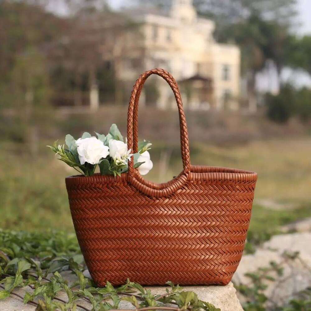 New for Women's Spring and Summer Retro Tote Bag Genuine Split Leather Braided Vegetable Basket Ins Style Irregular Shoulde