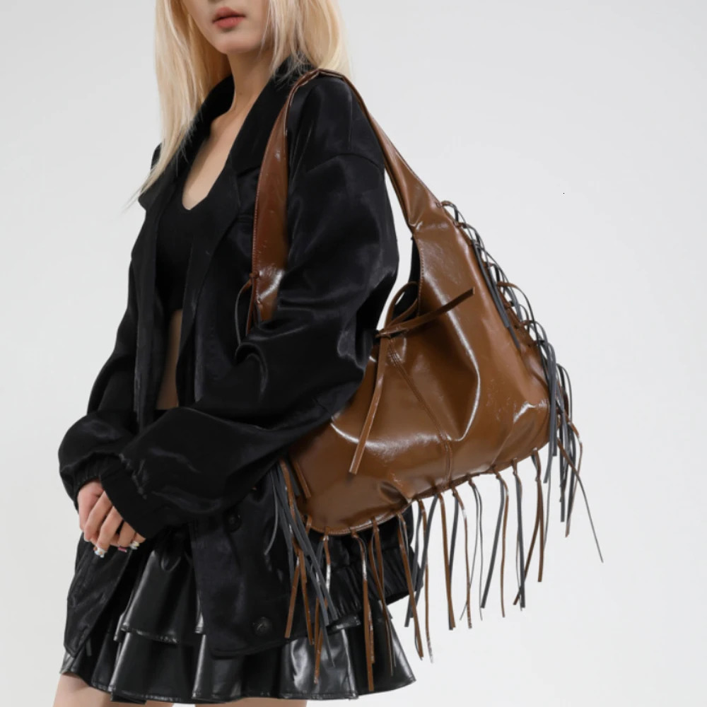 Spring Summer Tassel Lace-Up One Shoulder Bag Womens Casual All-Match Solid Versatile Tote Bags Daily Commute Underarm Packs 250605