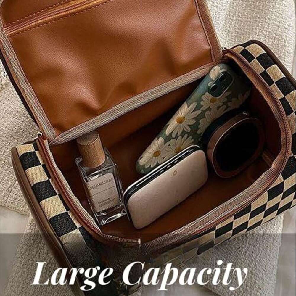 Portable Plaid Fashion Large Capacity Patchwork Toiletry Handheld Zipper Makeup Storage Bag