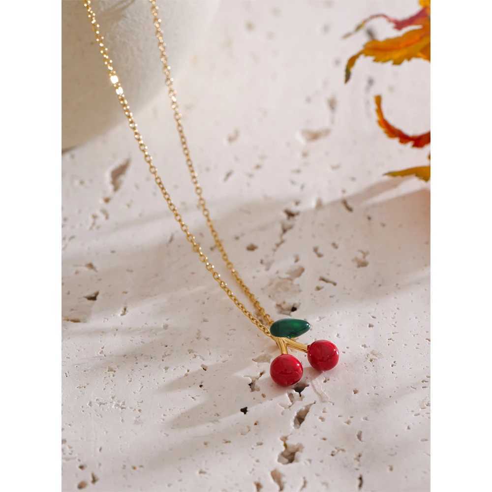 Yhpup Hot Style Lovely Fruit Sweet Red Enamel Cherry Pendant Necklace Stud Earrings Stainless Steel Waterproof Charm Jewelry Y250605