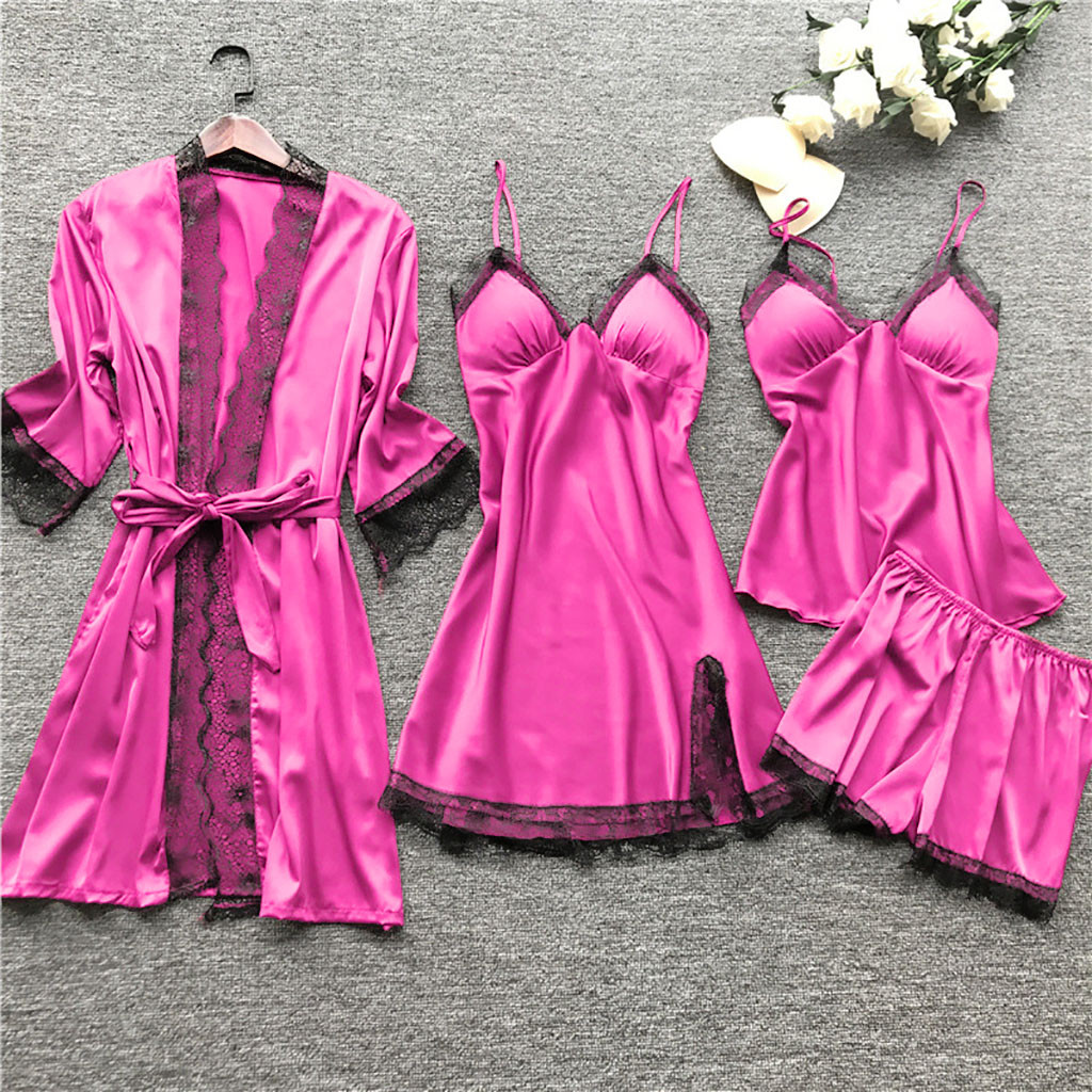 4PC Sexy Lace Robe Dress Women Silk Pajamas Sets Green Black White Babydoll Sleepwear Nightdress Comfy Suspenders Pajamas Set