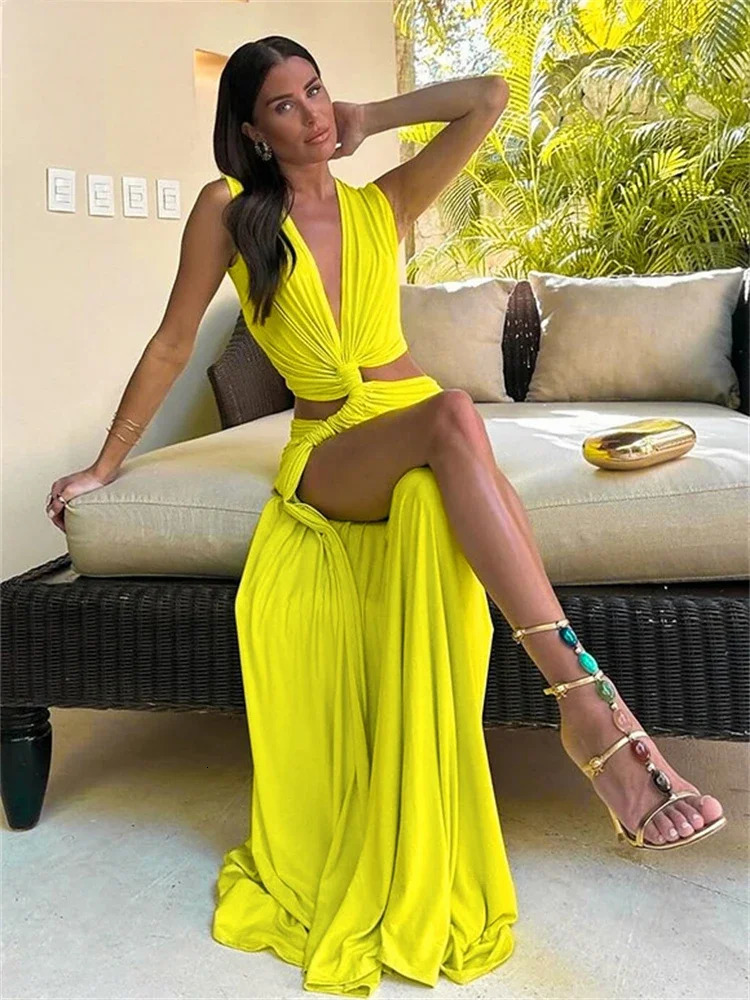 Leosoxs Summer Holiday Beach Maxi Dress Sexy Hollow Out Twist Knot High Split Dress Chic Sleeveless Deep V Female Long Vestidos 250529