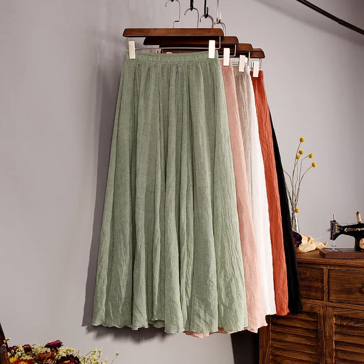 Womens Elegant 16 Color High Waist Elastic Waist Linen Pleated Long Skirts Ladies Slim Casual Skirt Saias Summer SK05 250605