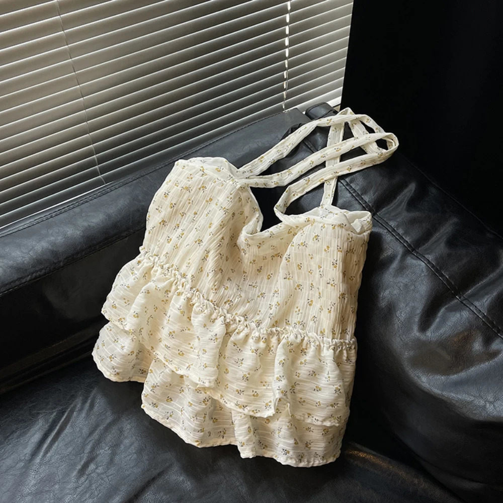 Women Large Capacity Tote Bag Korean Ins Floral Print Ruffles Soft One Shoulder Bags Daily Working Commute Underarm Packs 250605