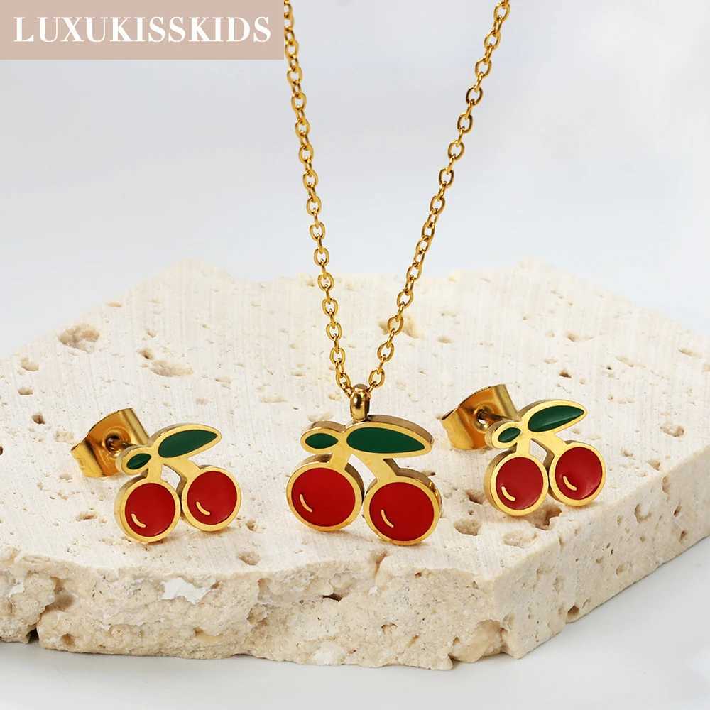 LUXUKISSKIDS Cherry Blossom Charms Jewelry Set Fashion Cute Red Cherries Pendant Necklace with Earrings Girls Pink Color Jewelry Y250605