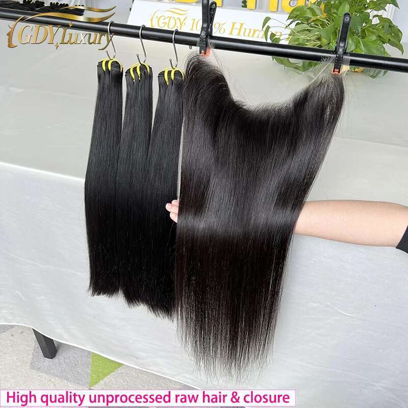 Raw Unprocessed Straight Bone Super Double Drawn Bundles With Closure 2x6 4x4 4x6 5x5 13x4 HD Lace Vieamese 100% Human Hair