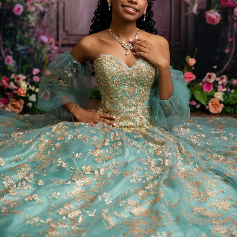 Mint Green Shiny Quinceanera Dresses Ball Gown Off The Shoulder Gold Applique Lace Beads Tull Sweet 16 Dress Vestidos 15 De Anos