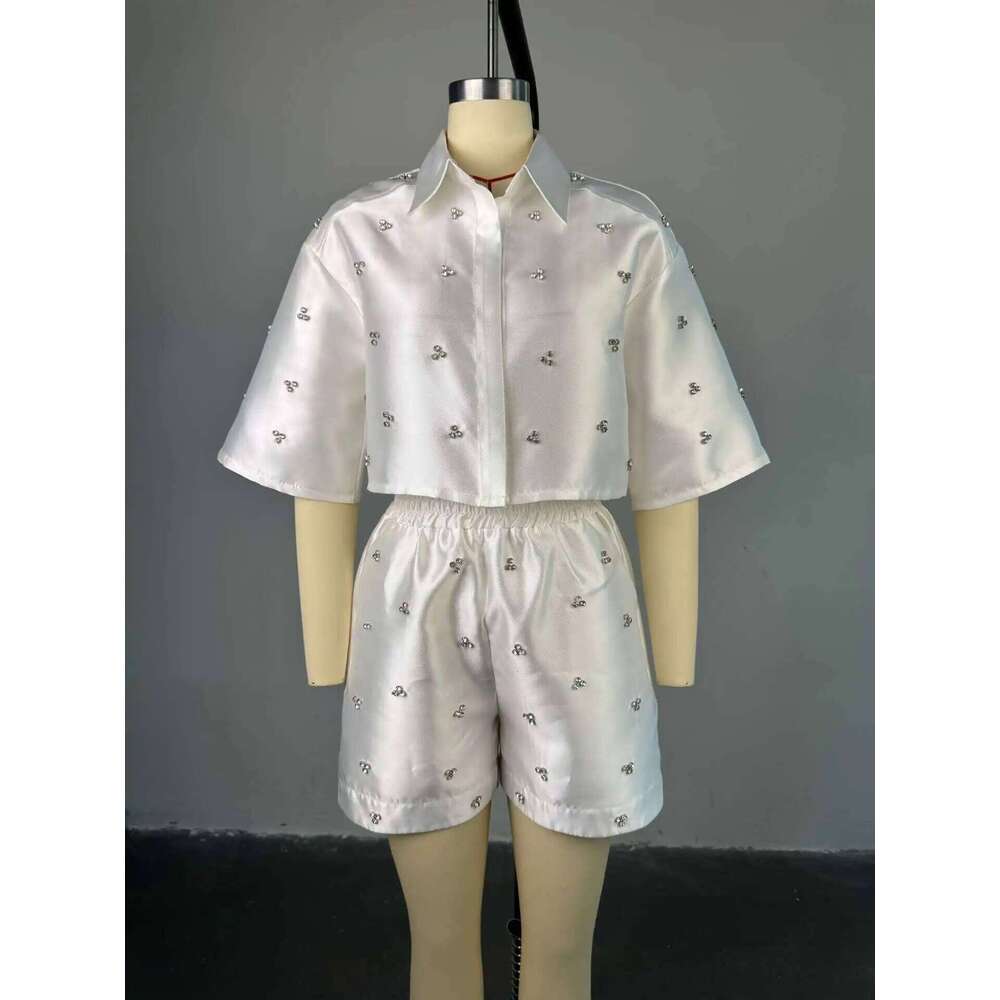 CM.YAYA Fashion Beading Women's Set 3/4 Sleeve Shirt Tops and Shorts 2025 Summer Street Two 2 Piece Sets Outfits Tracksuit