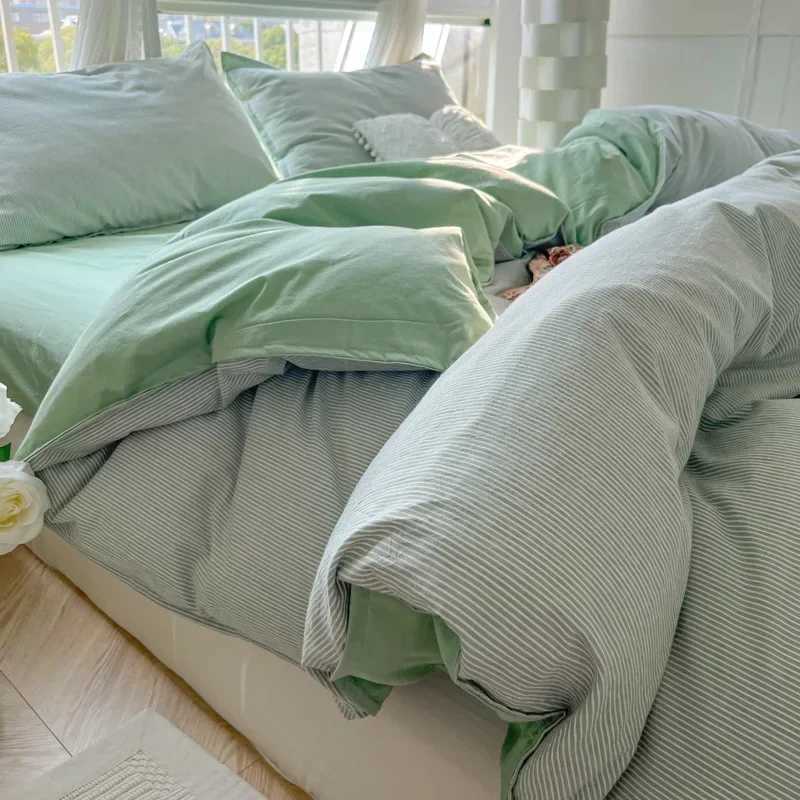 100% Washed Cotton Duvet Cover Set Cream 4 Pieces Luxury Soft Bedding Set with Buttons Closure Striped Pattern Duvet Cover T250606